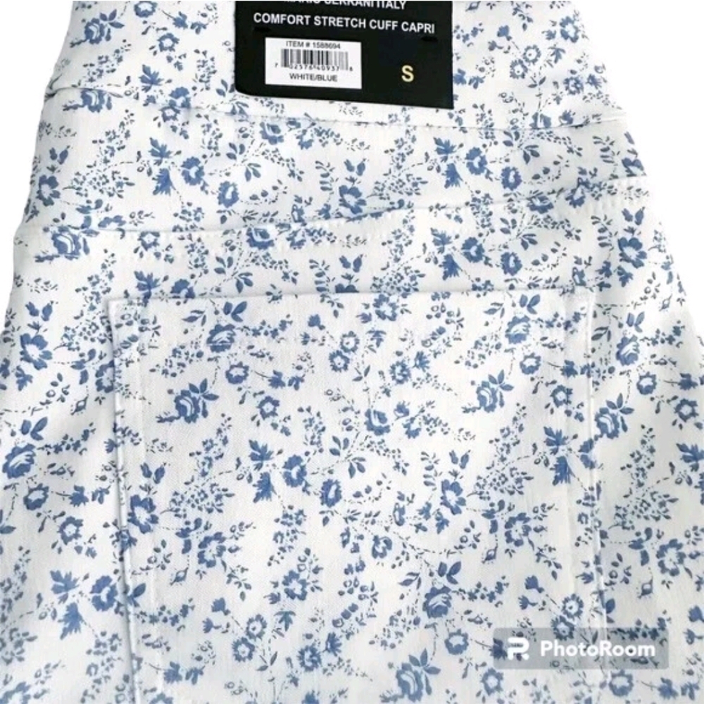 NWT Mario Serrani Italy Women's‎ Comfort Stretch Cuff Capri White/Blue Floral S - Picture 2 of 6